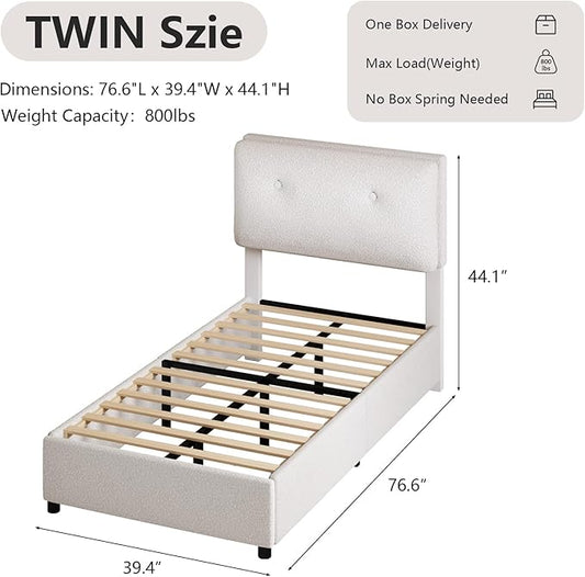 Twin Size Bed Frame, Cloud Boucle Upholstered Bed Frame with Headboard, Twin Bed Frames for Kids, Adjustable Headboard, No Box Spring Needed, Easy Assembly, White