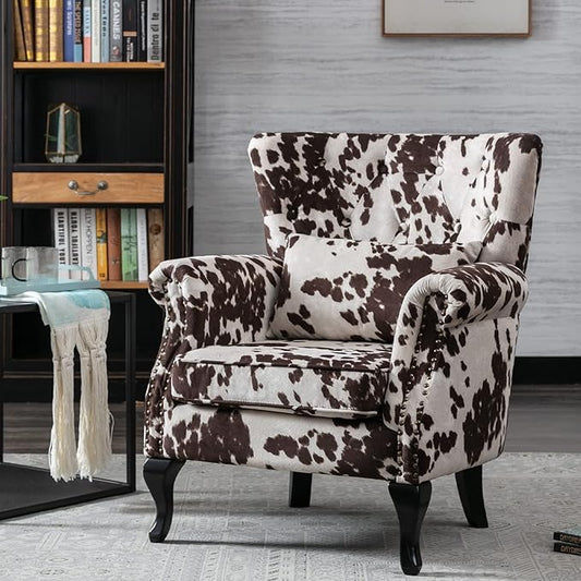 Mid Century Accent Chair Modern Button Tufted Armchair Wingback Club Chair Velvet Single Sofa Lounge Chair with Pillow for Living Room Bedroom, Cowhide Print