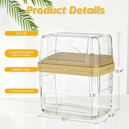 2-in-1 Trash Bag Dispenser & Laundry/Dishwasher Pods Container, Clear Acrylic Garbage Bag Organizer with Removable Lids, Under Sink Kitchen Storage Box for Pantry Organization