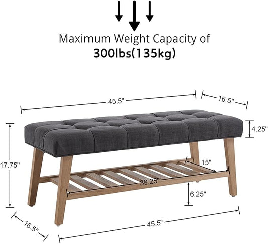 Entryway Shoe Bench Storage Benches with Upholstered Button Tufted Seat and Open Slatted Shelf Linen Ottoman Bench for Hallway Living Room Bedroom End of Bed, Charcoal