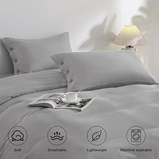 JELLYMONI Pillowcases King Set of 2 Cotton Button Pillow Covers 20×36in Light Grey Bed Pillow Cases 100% Washed Cotton Soft Breathable (Pillows are not Included)