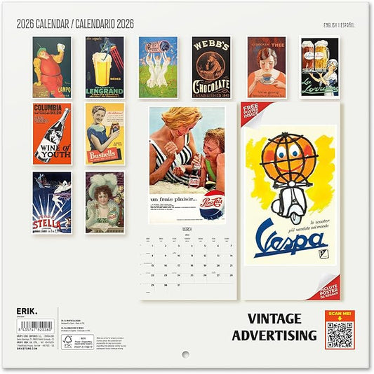Vintage Advertising Wall Calendar 2026 12" x 12" FSC® Plastic Free - Starts Week On Sunday | Family Planner Art Calendar 2026 | Vintage Gifts