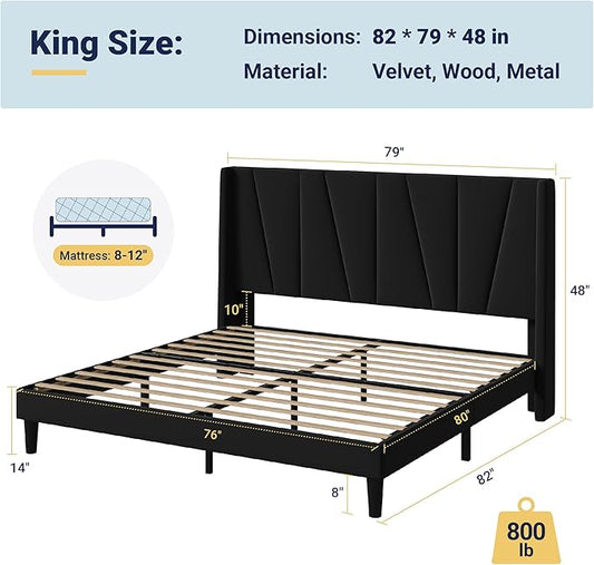 Allewie King Size Platform Velvet Bed Frame with Geometric Wingback Headboard, Boho Upholstered Bed with Wooden Slats Support, No Box Spring Needed, Easy Assembly, Black