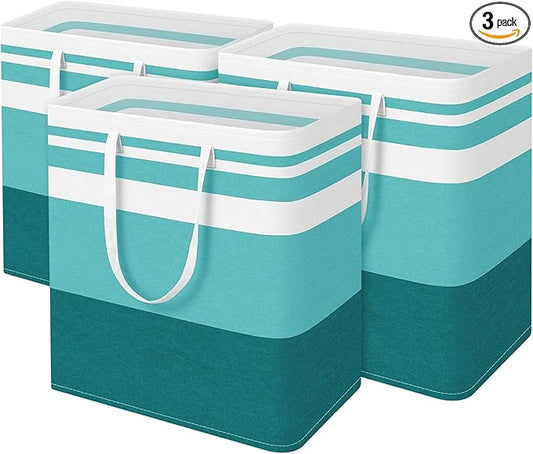 BlissTotes 3-Pack Laundry Basket, Freestanding&Waterproof Laundry Hamper, Collapsible Tall Clothes Hamper with Easy Carry Handles for Clothes, Towels in the Family and Dorm,Gradient Green,125L