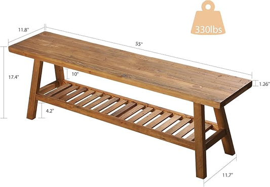 Reclaimed Solid Wood Bench-55 Inches Farmhouse Entryway Bench with Storage Shelf, Narrow Rustic Bench for Hallway, Kitchen, Bedroom, Dining