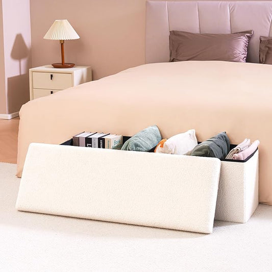 PINPLUS Folding Storage Ottoman Bench, Upholstered Sherpa Ottoman, Large Storage Chest Footrest Footstool with Lids, Entryway Bench for Living Room Bedroom, White, 43.3'' x 15'' x 15''