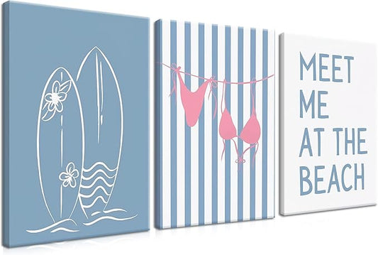 Trendy Coastal Beach Canvas Wall Art Set of 3, Blue Preppy Bikini Surfing Wall Decor Paintings, Summer Shells Meet Me at the Beach Posters Prints Pictures for Girly Dorm Bathroom 12x16 Inch Framed