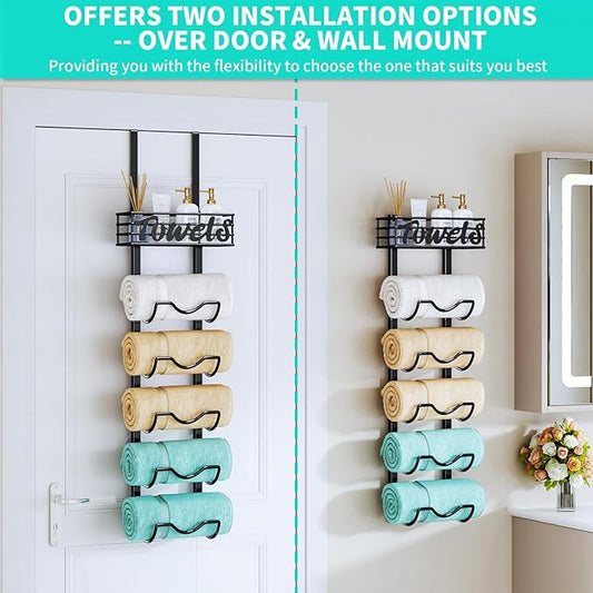 HapiRm Over The Door Towel Rack - 6 Tier Wall Mount Rolled Towel Holder Storage Organizer Shelf with Storage Basket for Small Bathroom, Rv, Camper - Black