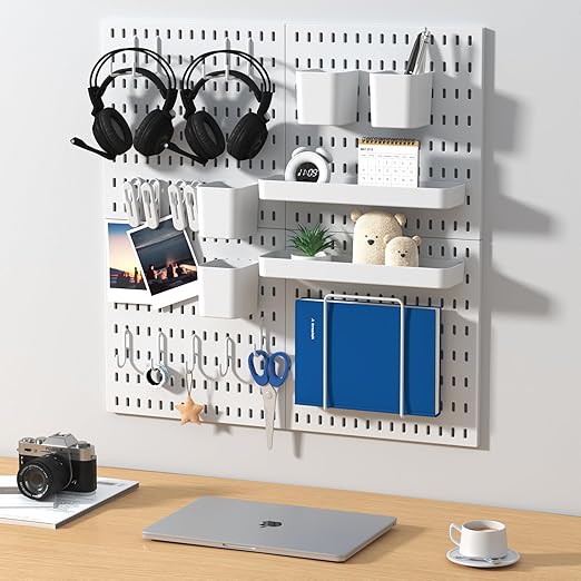 Peg Board Combination Kit, 4 Pegboards with 20 Accessories, Pegboard Wall Organizer for Office, Nursery & Home Storage, Key Holder, 25.6"x25.6" – Nail-Free Installation(White)