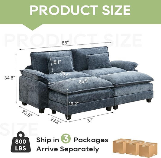 86" Modular Sectional Sofa, Comfy Cloud Couch Sectional Sofa with Ottoman, Chenille Sofa Sleeper Deep Seat Sofa with Throw Pillows for Living Room (Blue)