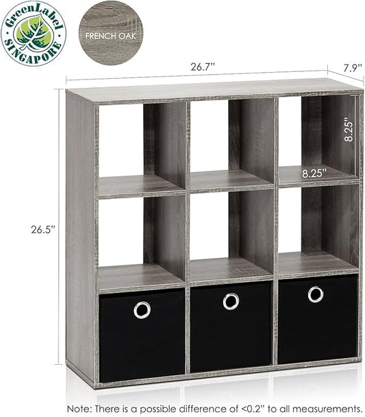 Furinno Simplistic 9-Cube Organizer with Bins, Small Size (Assembled unit dimensions : 7.9"D x 26.5"W x 26.7"H inches), French Oak/Black