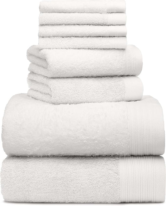 Premium 8 Pieces Towel Set Including 2 Bath Towels 30" x 56", 2 Hand Towels 18" x 30" and 4 Washcloths 13" x 13" - Color: White | Pure Cotton |Machine Washable high Absorbency