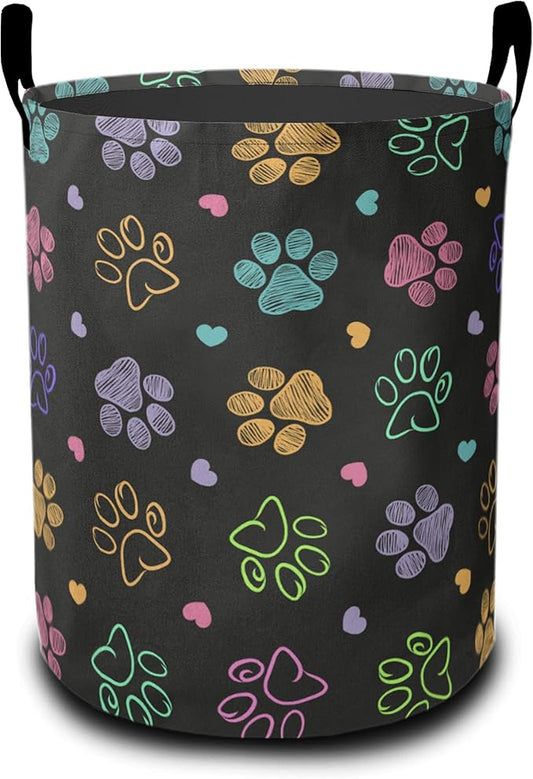 Colorful Paw Print Laundry Hamper Large Canvas Fabric Lightweight Storage Basket/Dirty Clothes Collapsible Waterproof for College Dorms, Boys and Girls Bedroom,Bathroom