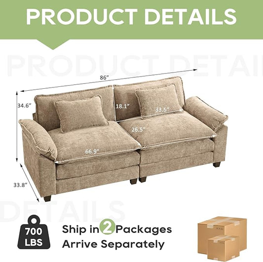 86" Modular Sectional Sofa, Comfy Cloud Couch Sectional Sofa, Chenille Sofa Sleeper Deep Seat Sofa with Throw Pillows for Living Room (Khaki, 86"- Loveseat)