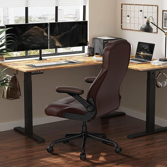 Ergonomic Executive Office Chair for Big & Tall - 500lbs Capacity with Lumbar Support & Flip-Up Armrests, Heavy Duty PU Leather Computer Desk Chair, Brown