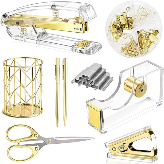 Famassi Gold Desk Accessories,Office Supplies Set Acrylic Stapler Set Staple Remover, Tape/Pen Holder, 2 Ballpoint Pen, Scissor, Binder/Paper Clips and 1000pcs Staples.