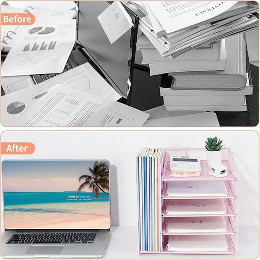 Desk Organizers and Accessories, 5-Tier Paper Letter Tray Organizer with File Holder, Desktop Organizer for Office Supplies (Pink)
