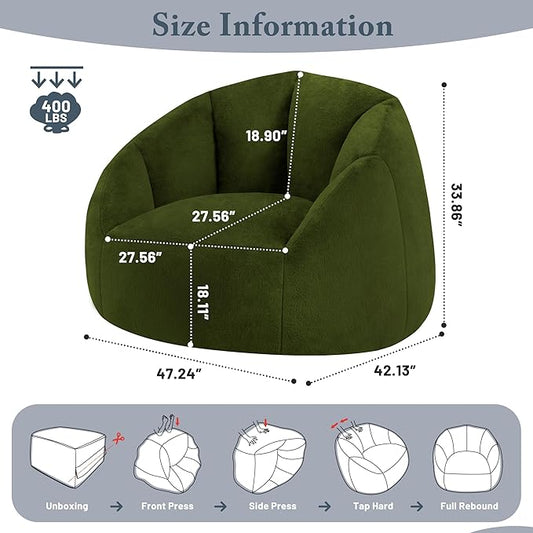 Giant Bean Bag Chair for Adults - Comfy Plush Round Shell Soft Accent Chair, Oversized Cozy Lounge Floor Sofa Reading Chair, Mini Couch for Living Room, Bedroom & Game Rooms, Dorm, Green
