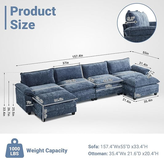 VINGLI 157" Cloud Navy Blue Convertible Sectional Sofa, Comfy U-Shape Extra Deep Seat Sofa Couch for Living Room,Modern Chenille 4-Seat Convertible Sofa with 2 Movable Ottomans for Small Space