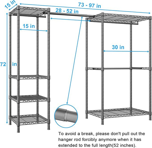 Ulif E10 Clothes Rack(With Stretchable Hanger Rod)Freestanding Clothing Racks for Hanging Clothes,Adjustable Closet Organizer System,Portable Garment Rack 73-97" W x 15" D x 72" H,Max Load 800LBS,Grey