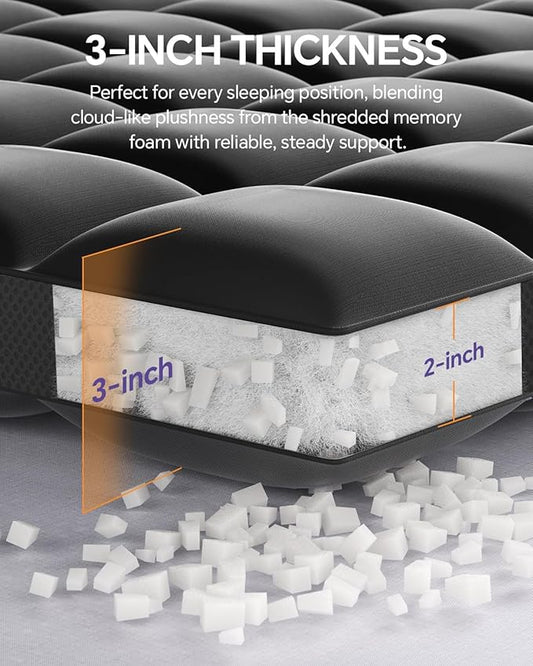 Dual Layer 5 Inch Memory Foam Mattress Topper Queen - 3 Inch Pillow Top Mattress Pad and 2 Inch Gel Memory Foam, 7-Zone Egg Crate Queen Size Mattress Topper (Black)