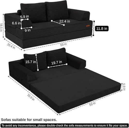 COMAX Convertible Sofa Bed – Folding Floor Couch Loveseat with Corduroy Cover & Pillows, Black | Multi‑Mode Lounger, Futon Sleeper Mattress for Living Room & Bedroom