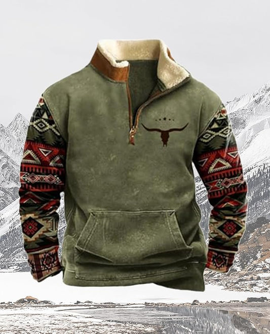 Western Sweatshirts for Men Aztec Cowboy Vintage Graphic Fleece Hoodie Mens Quarter Zip Pullover Country Jacket