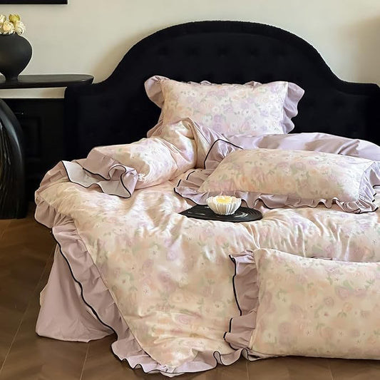 HighBuy Ruffle Floral Duvet Cover Twin Size,Chic Cottagecore Brushed Cotton Comforter Cover Set 3 Piece Coquette Farmhouse Bedding for Teen College,Breathable Durable