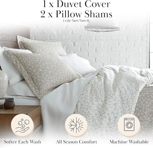 Southshore Fine Living, Inc. Geometric Print Duvet Cover, Queen Size/Full Size - Reversible Premium Full/Queen Bedding Set, Easy Care Duvet Cover Full/Queen, 2 Pillow Shams - Geometric Maze Taupe