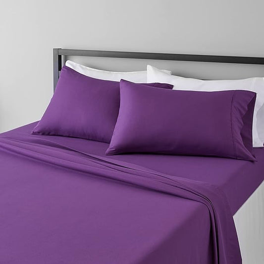 Amazon Basics Lightweight Super Soft Easy Care Wrinkle Free Breathable Microfiber 4-Piece Bed Sheet Set with 14-Inch Deep Pockets, King, Plum, Solid AmazonBasics