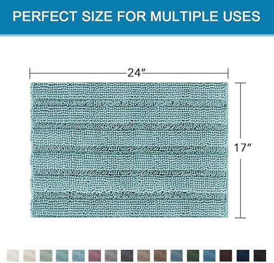 H.VERSAILTEX Bathroom Rugs Bath Rugs for Bathroom Non Slip Bath Mats Extra Thick Chenille Striped Rug 17" x 24" Absorbent Soft Shaggy Washable Dry Fast Bath Mats for Bath Room Floor - Aqua Haze