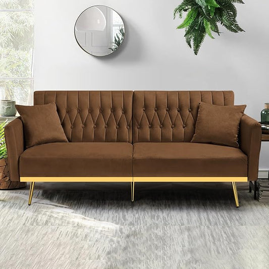 70” Velvet Futon Sofa Bed with 2 Pillows and Adjustable Armrests, Convertible Sleeper Bed W/Adjustable Backrests, Modern Loveseat for Living Room, Bedroom, Brown