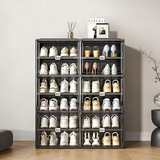 Black Shoe Rack Organizer Cabinet for Closet Entryway,Clear Shoe Storage Boxes Stackable Sneaker Storage with Door Easy Assembly Shoe Cabinet with Lids Large 6 Tiers 24 Pairs
