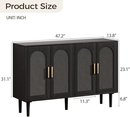 FONTOI Sideboard Cabinet with Rattan Doors, 4 Door Credenza Buffet Cabinet with Storage, Modern Large Kitchen Accent Cabinets for Entryway Living Room & Dining Room, Black Grey