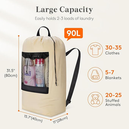 Lifewit 90L Laundry Bag, Extra Large Laundry Backpack with Shoulder Straps and Mesh Pocket for Laundromat, Heavy Duty Laundry Bag Backpack for Dirty Clothes for College Dorm/Travel/Apartment, Khaki