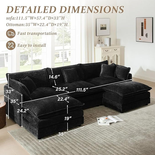 SoarFlash Chenille Sectional Sofa, Comfy L Shaped Modular Coush Sofa with Ottoman, Modern 3 Seat Couch Deep Seat Sofa Set for Living Room,Black