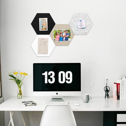 12" Large Bulletin Board with 15 Push Pins, Pack of 4 Hexagon Felt Pin Board Notice Boards for Home Office, Felt Wall Tiles for Photos Memos (Camel Grey)