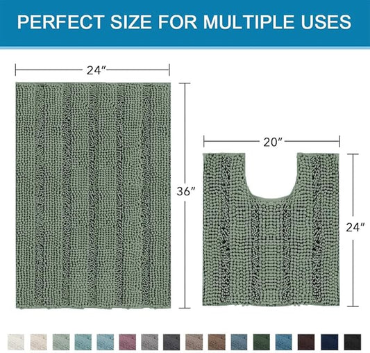 H.VERSAILTEX Bathroom Rugs Bath Rug Set 2 Piece Bathroom Contour Rug Toilet Mat Non Slip Contour Bath Rug Ultra Thick Water Absorbent Striped Bath Mats Washable(36" x 24" Plus 20" x 24" U, Green Bay)