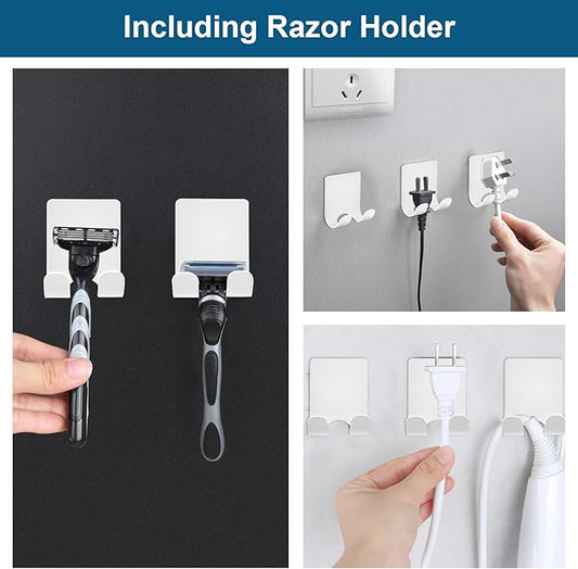 Diesisa Razor Holder for Shower + Adhesive Wall Hooks, Premium 304 Stainless Steel Shower Razor Holder with Heavy Duty Waterproof Sticky Hooks for Hanging Towels, Coat, hat (2+2 Pack)-White