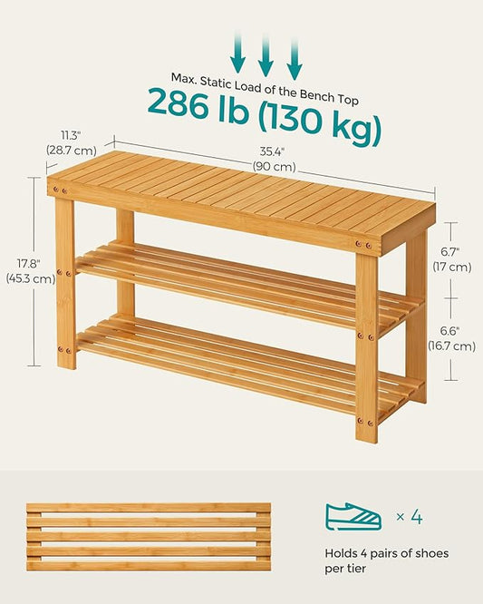 SONGMICS Shoe Rack Bench, 3-Tier Bamboo Shoe Storage Organizer, Entryway Bench, Holds Up to 286 lb, 11.3 x 35.4 x 17.8 Inches, for Entryway Bathroom Bedroom, Natural ULBS90N