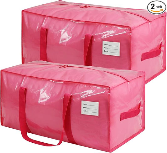 2 Pack Extra Heavy Duty Large Moving Bags with Comfortable Handle & Strong Zipper,Storage Totes for Space Saving Moving Storage College Supplies Alternative to Moving Box,Pink