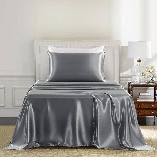 Satin Sheets Twin Size - 3 Pieces Luxury Silky Soft Bed Sheets for Kids, Wrinkle-Free Dark Grey Satin Silk Sheet Set with 1 Deep Pocket Fitted Sheet, 1 Flat Sheet, 1 Pillow case