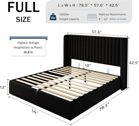 Full Size Lift Up Storage Bed, Upholstered Platform Bed Frame with Wingback Headboard, Hydraulic System, Solid Wooden Slats Support, Noise-Free, No Box Spring Needed, Easy Assembly, Black