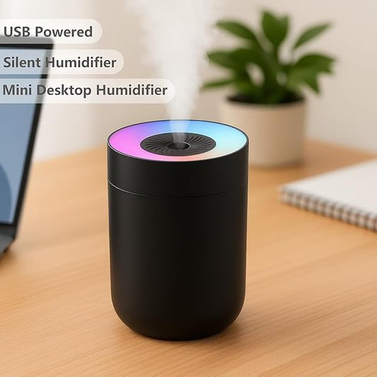 230ML Humidifier for Bedroom, Air Humidifier for Home, Plant Humidifiers Indoor Small with LED Colorful Gradient Light, USB Powered for Desk, Car, Travel, Hotel Room (Black)