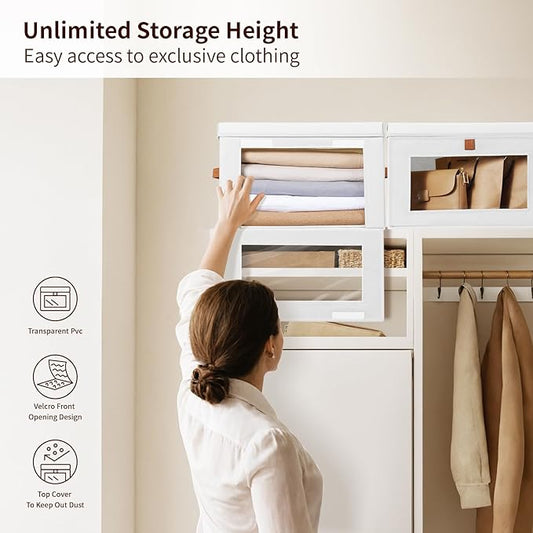 Large Clothing Storage Bins - Collapsible Boxes with Handles & Window, Decorative Organizer Bins with Lids, Fabric Containers for Living Room, Dorm, 4 Pack, White