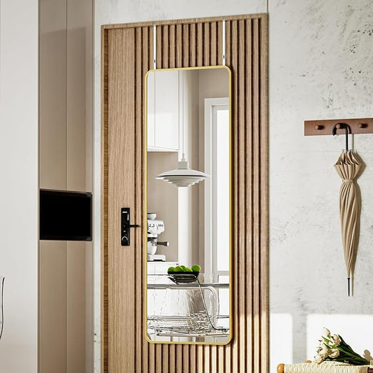 BEAUTYPEAK 14"x48" Full Length Over The Door Mirror, Aluminum Alloy Frame Full Body Mirror with Height-Adjustable Hangers, Hanging Mirrors for Bedroom, Living Room, Bathroom, Gold