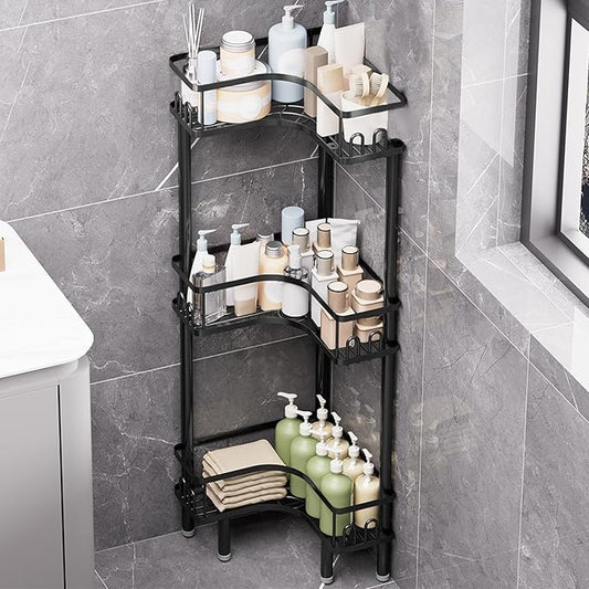 Free Standing 3 Tier Shower Caddy with 4 Hooks on Each Shelf Waterproof Corner Organizer Corner for Bathroom Kitchen Large Capacity Shower Rack(Black)