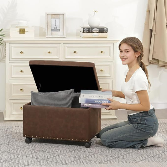 Joveco Leather Storage Ottoman with 360° Caster Wheels 24" Foot Rest Bench Rectangle Ottomans