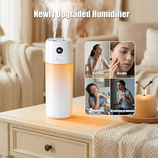 Portable Mini Humidifier, 500ml Rechargeable Dual Mist, Auto Timer & Dry-Burn Protection, with Night Light, for Bedroom Office AC Room Plants Car Travel (White)