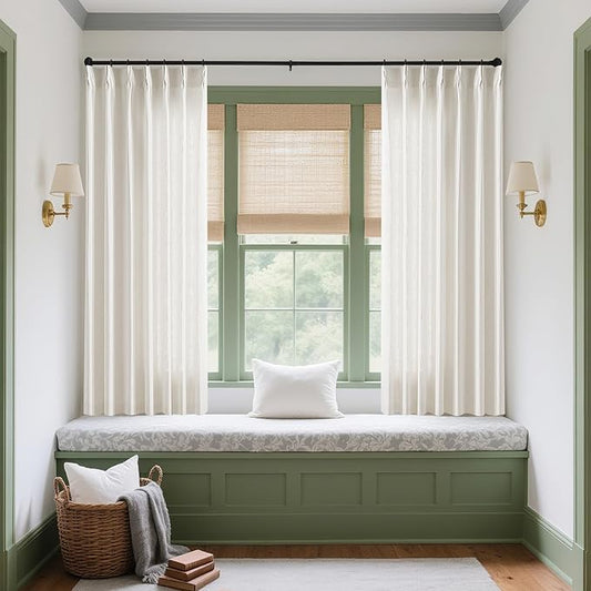 Cream Ivory Pinch Pleat Linen Short Curtains 54 Inch Long for Kitchen Pleated Hooks Rings Back Tab Light Filtering Boho Farmhouse Semi Sheer 54 Inch Curtain for Dining Room Bedroom Small Window